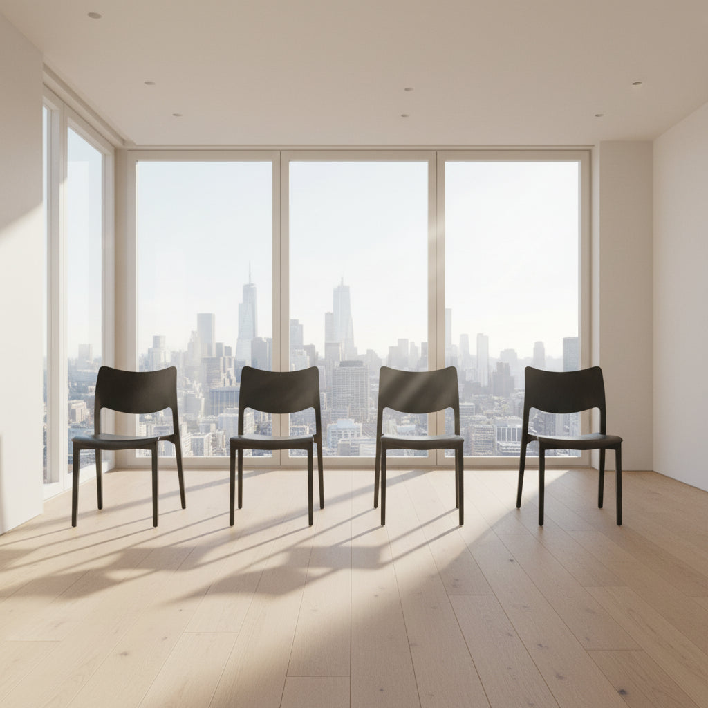 A set of four Stua LaClassica Bastua Dining Chairs by Stua, featuring solid wood with visible grain and gently curved backs and seats, are shown in two rows on a plain white background.