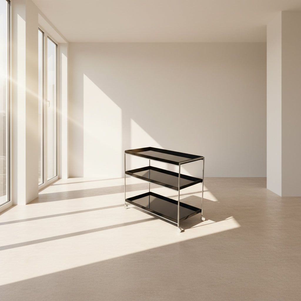 The Kartell Trays Trolly by Kartell features three black metal tiers, glass shelves, and four wheels, displayed on a plain white background.