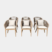Six Harbour Hamilton Outdoor Dining Chairs by Harbour, featuring a beige woven design with light cushions, are arranged in two rows of three on a plain light background.