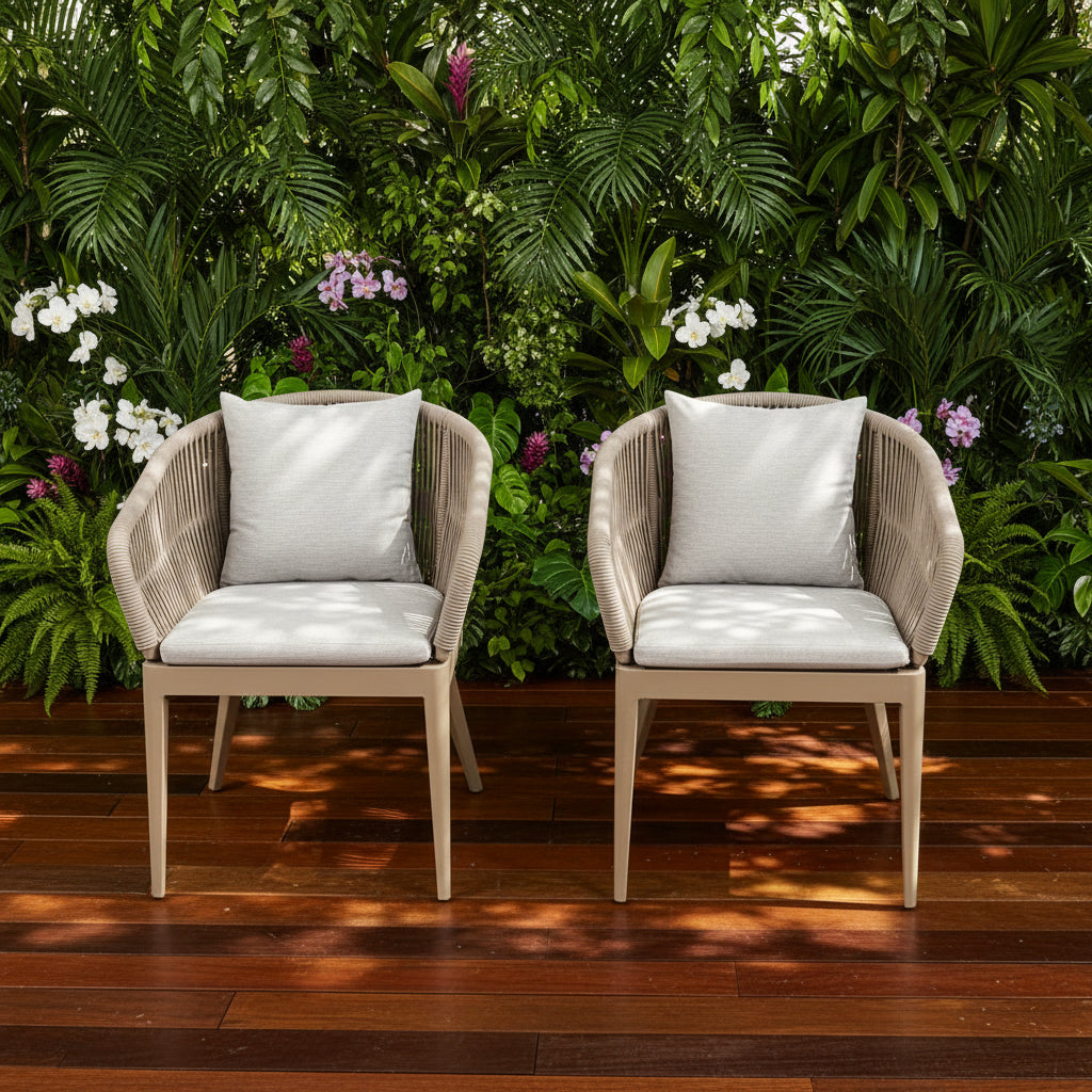 Six Harbour Hamilton Outdoor Dining Chairs by Harbour, featuring a beige woven design with light cushions, are arranged in two rows of three on a plain light background.