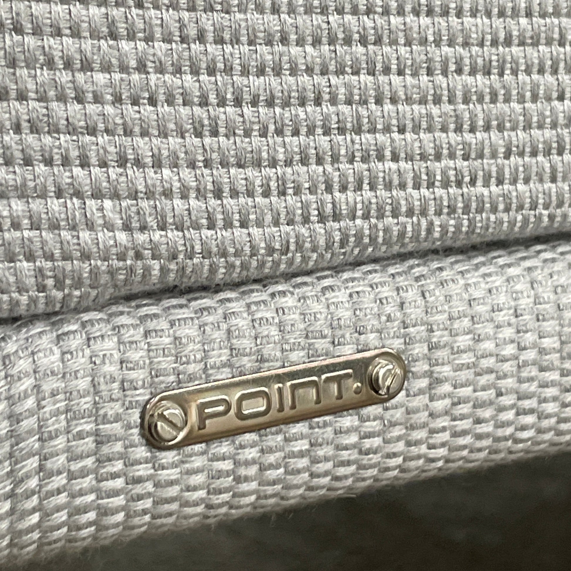 Two light gray sofas from the Point 1920 Long Island Outdoor Seating Set, featuring matching cushions and GOOD SIDE slat suspension, are arranged around a rectangular coffee table on a plain white background.