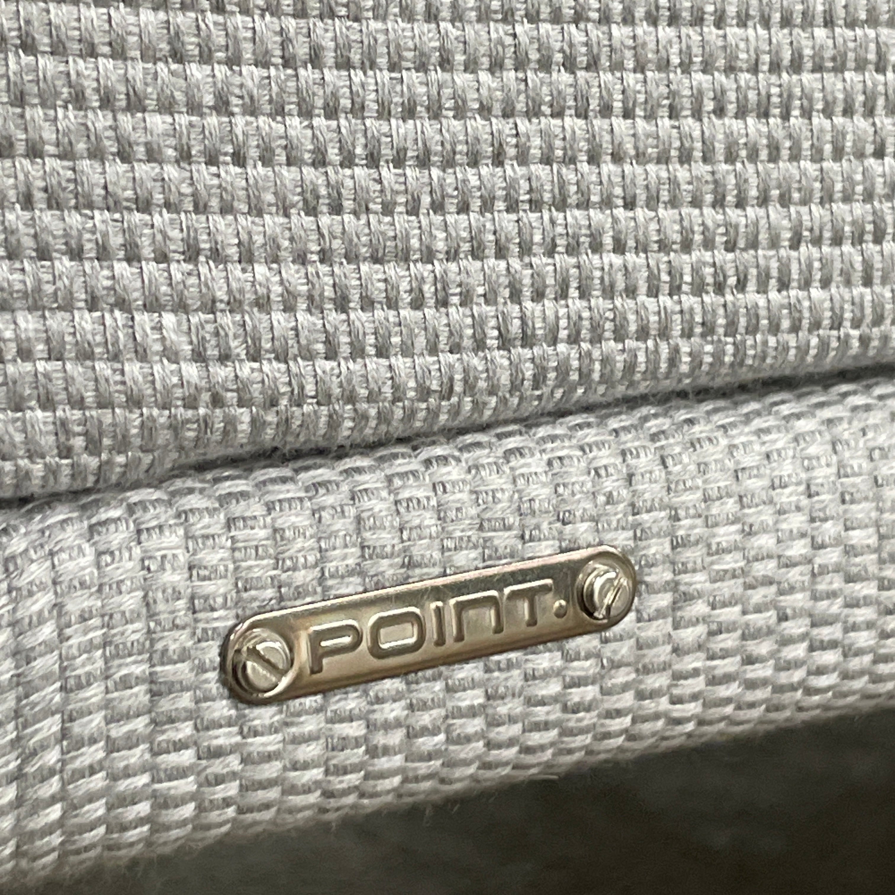 Two light gray sofas from the Point 1920 Long Island Outdoor Seating Set, featuring matching cushions and GOOD SIDE slat suspension, are arranged around a rectangular coffee table on a plain white background.