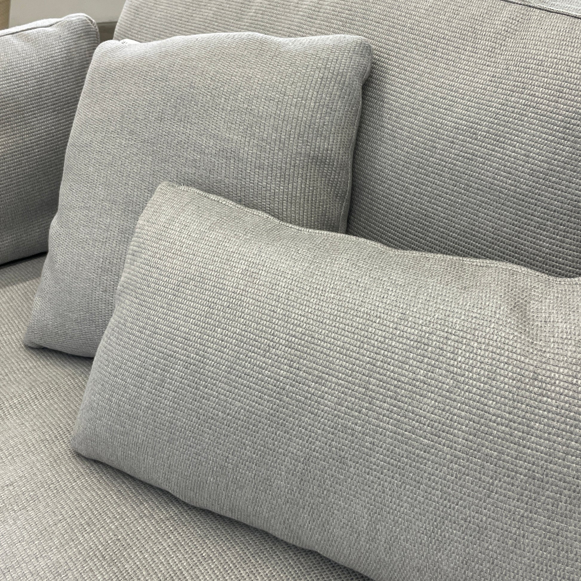 Two light gray sofas from the Point 1920 Long Island Outdoor Seating Set, featuring matching cushions and GOOD SIDE slat suspension, are arranged around a rectangular coffee table on a plain white background.