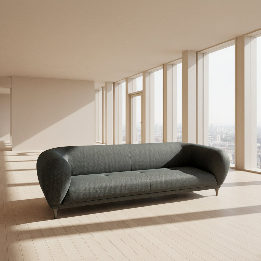 A Roche Bobois Montgolfiere sofa in dark gray, featuring rounded arms and black legs, from the Globe Trotter collection by Marcel Wanders, sits on a polished concrete floor against a plain white wall.