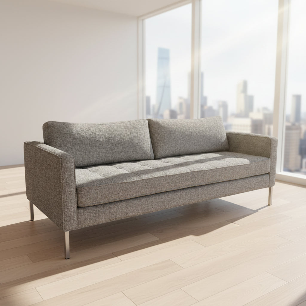 The Blu Dot Paramont Sofa is a grey, three-seater sofa by Blu Dot, featuring metal legs and two back cushions, shown against a plain white background.