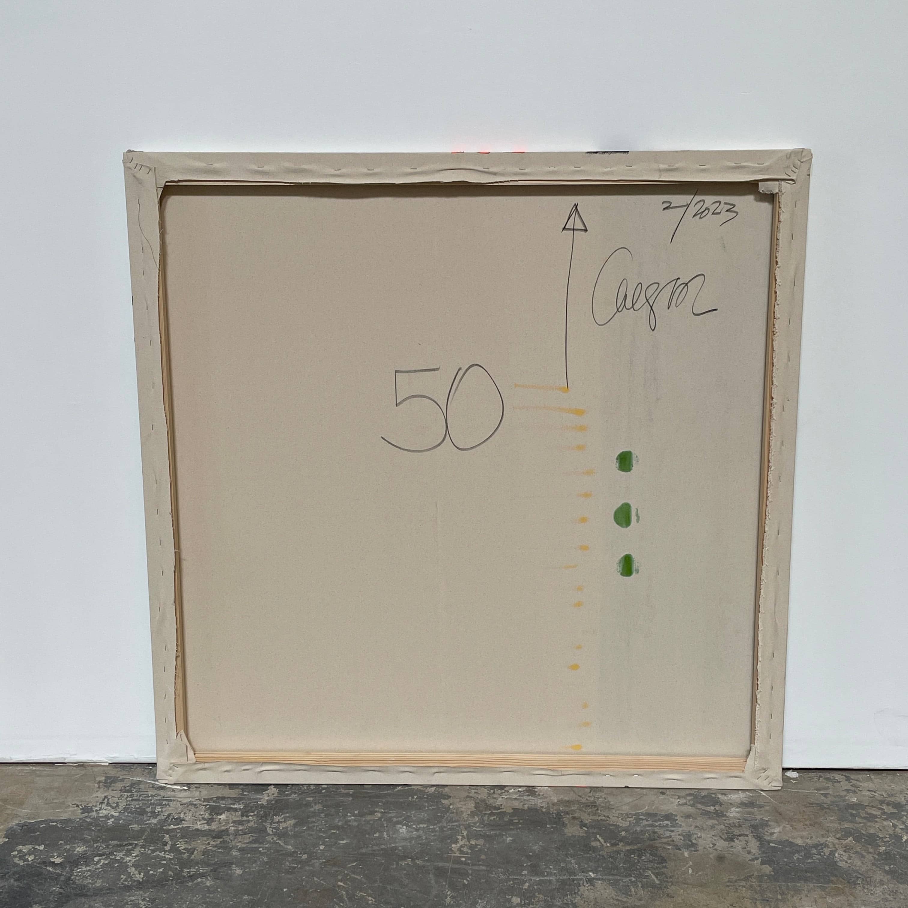 Allison Caesar's 'Untitled #50' features an abstract painting of vertical stripes in blue, black, red, pink, and white. Textured brushstrokes evoke an industrial landscape feel with depth and complexity against a neutral backdrop.