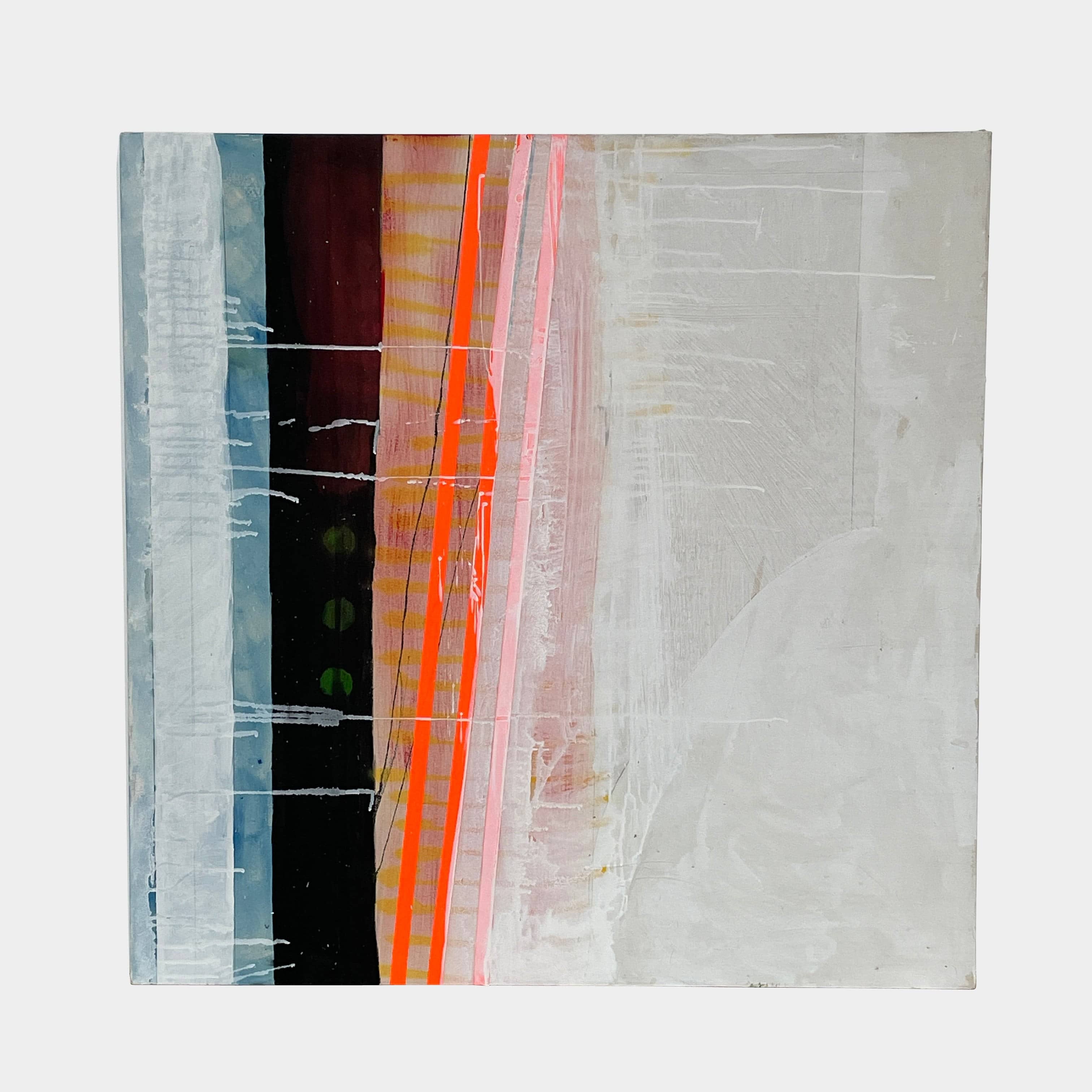Allison Caesar's 'Untitled #50' features an abstract painting of vertical stripes in blue, black, red, pink, and white. Textured brushstrokes evoke an industrial landscape feel with depth and complexity against a neutral backdrop.