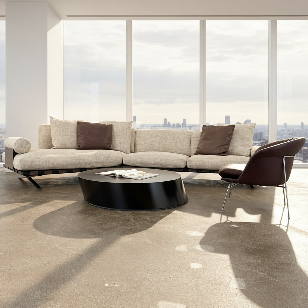 The Driade Fenix sofa by Driade is a beige L-shaped modular design with three seat cushions, black legs, and four throw pillows—two brown, two beige—highlighting its architectural lightness against a plain white backdrop.