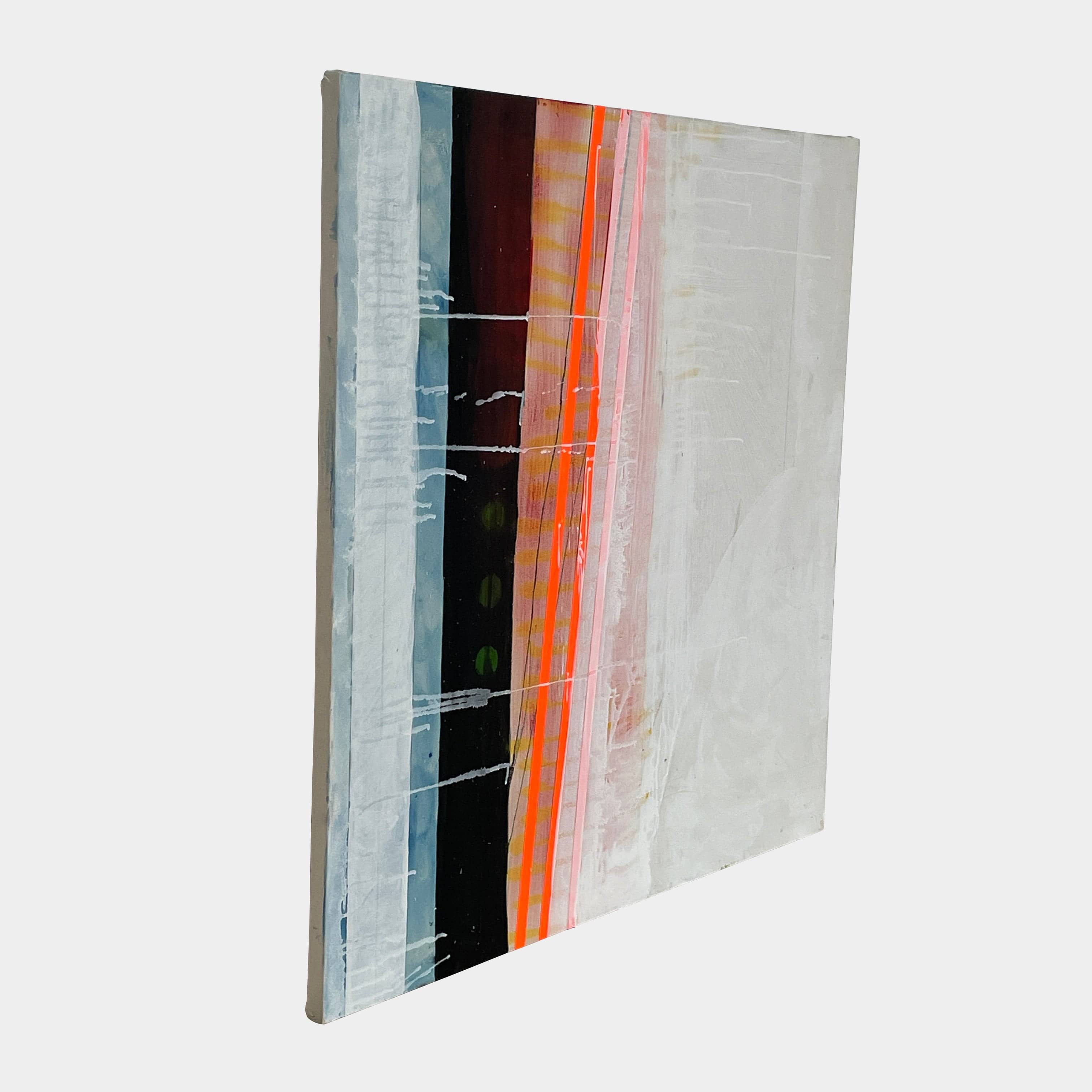 Allison Caesar's 'Untitled #50' features an abstract painting of vertical stripes in blue, black, red, pink, and white. Textured brushstrokes evoke an industrial landscape feel with depth and complexity against a neutral backdrop.