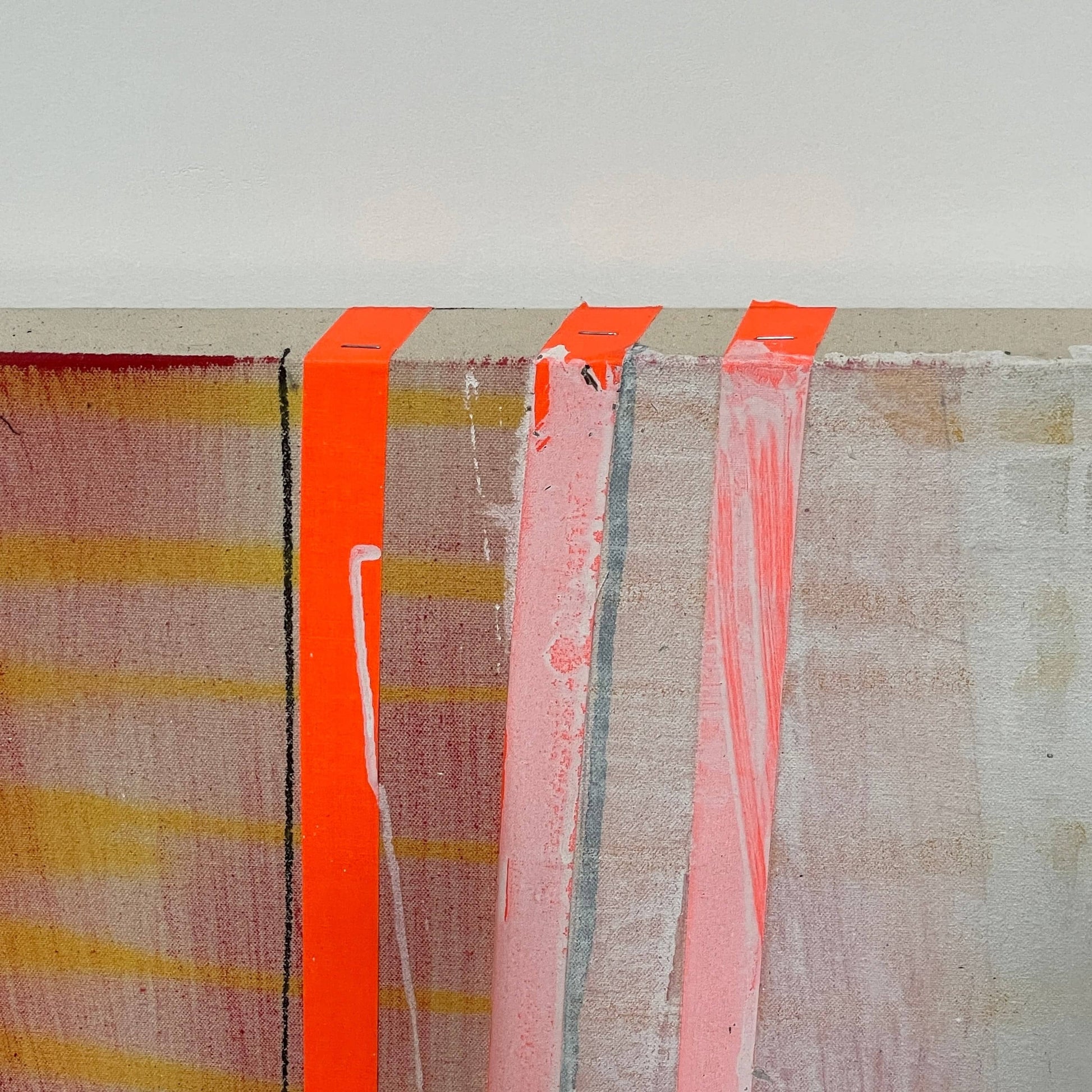 Allison Caesar's 'Untitled #50' features an abstract painting of vertical stripes in blue, black, red, pink, and white. Textured brushstrokes evoke an industrial landscape feel with depth and complexity against a neutral backdrop.