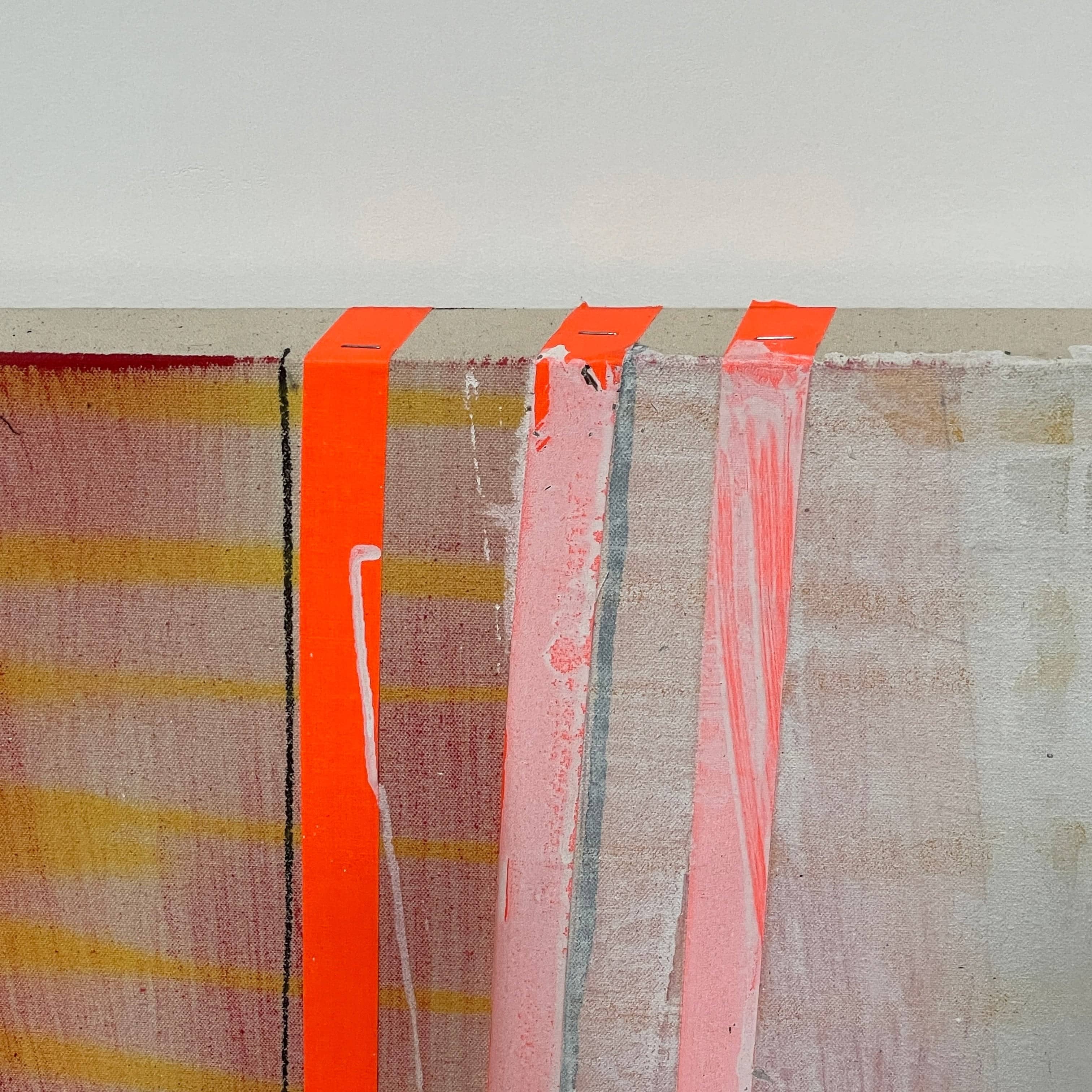 Allison Caesar's 'Untitled #50' features an abstract painting of vertical stripes in blue, black, red, pink, and white. Textured brushstrokes evoke an industrial landscape feel with depth and complexity against a neutral backdrop.