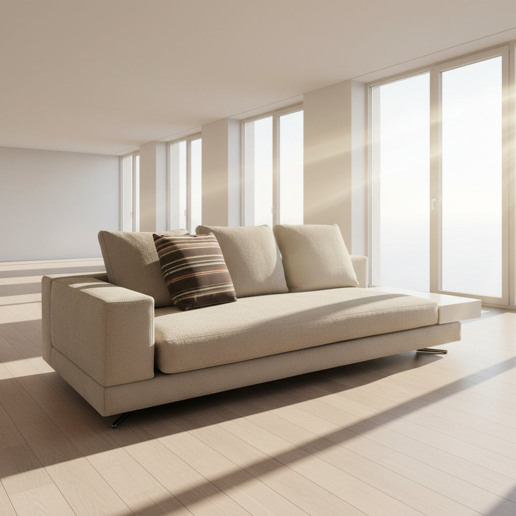 The Minotti White Sofa with Table is a beige three-seater luxury sofa featuring chenille upholstery, wide armrests, three back cushions, and an attached white side table on the right, set against a plain white wall on a brown floor.