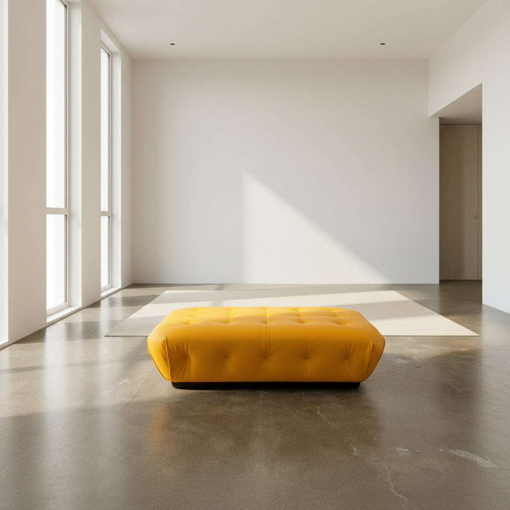 The Tufted Leather Ottoman by Modern Resale features a rectangular yellow tufted leather design with smooth, rounded edges, ideal as a stylish footrest or extra seating, shown on a plain white background.