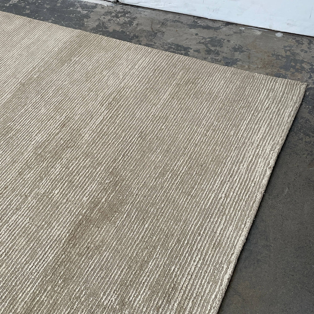 A beige textured Delinear Pinstripe 9'X12' rug on a concrete floor, partially covering the surface.