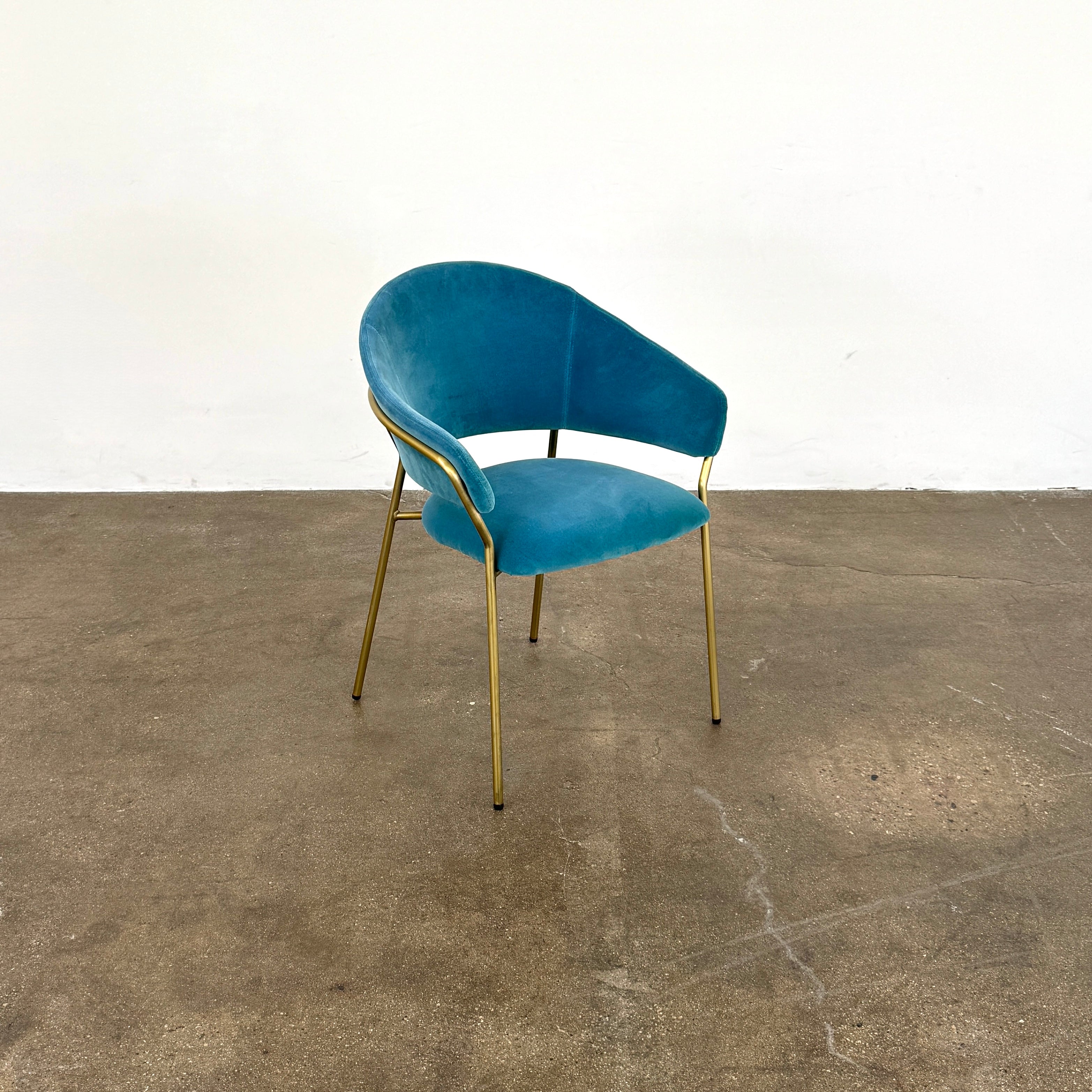 Two Pedrali Jazz Chairs by Pedrali, featuring customizable teal velvet upholstery and gold metal legs, sit side by side on a concrete floor against a white wall, highlighting their stylish steel structure.