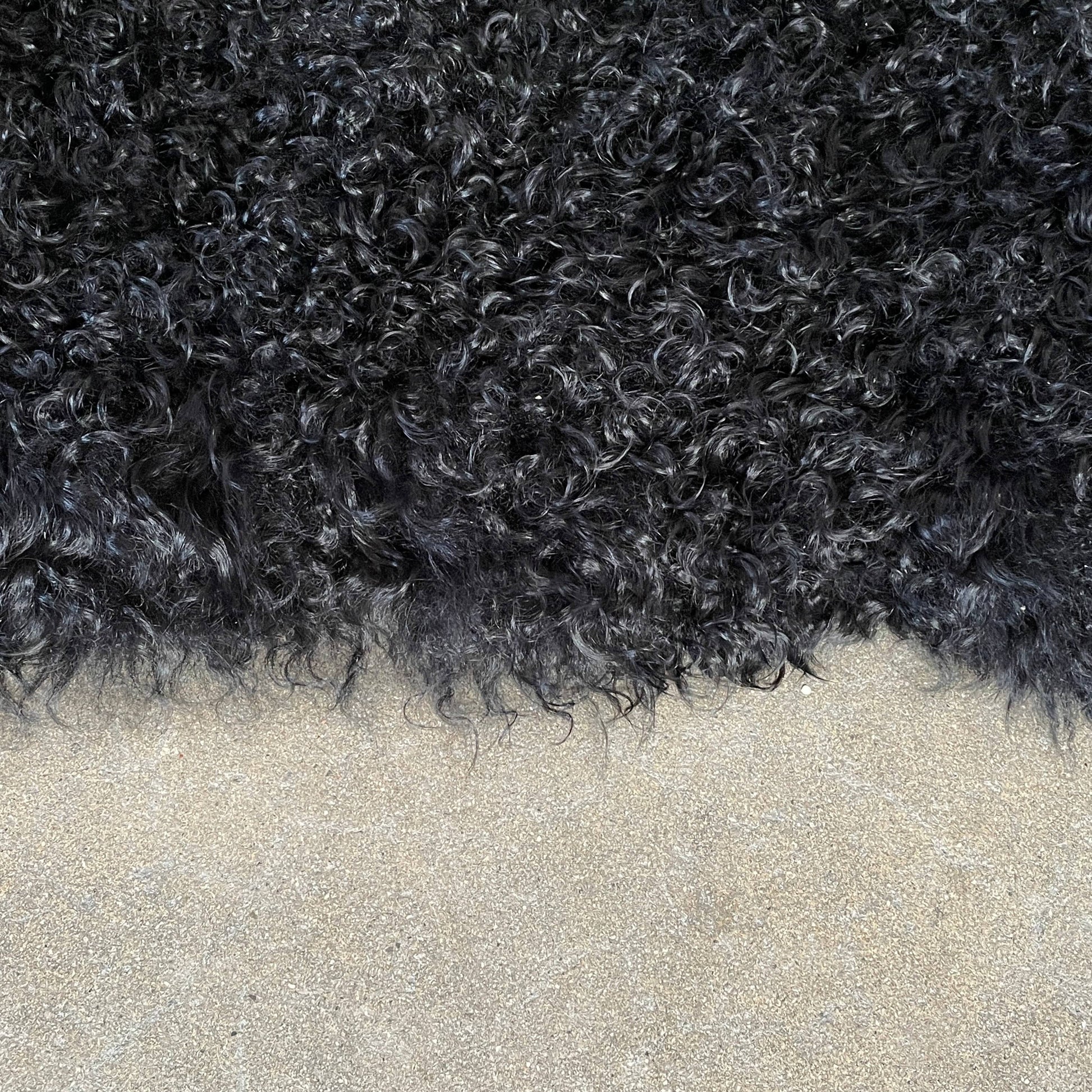Black Icelandic Sheepskin 5' x 7' rug with a shaggy appearance against a white background.