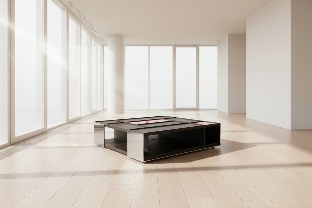 A modern square coffee table by B&B Italia, the Surface Coffee Table features wood, concrete-like panels, and two red rectangular accents—ideal for admirers of geometric designer furniture.