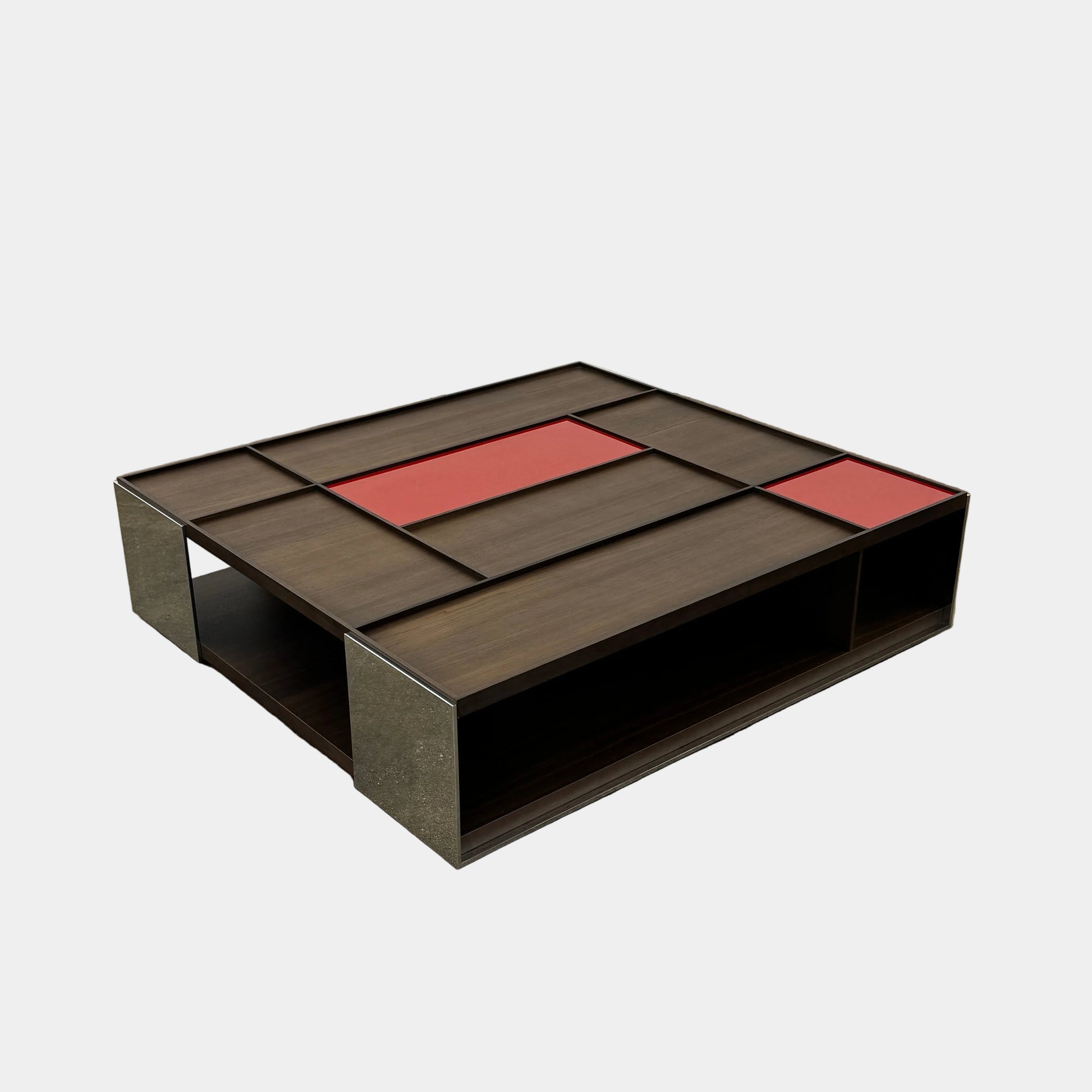 A modern square coffee table by B&B Italia, the Surface Coffee Table features wood, concrete-like panels, and two red rectangular accents—ideal for admirers of geometric designer furniture.