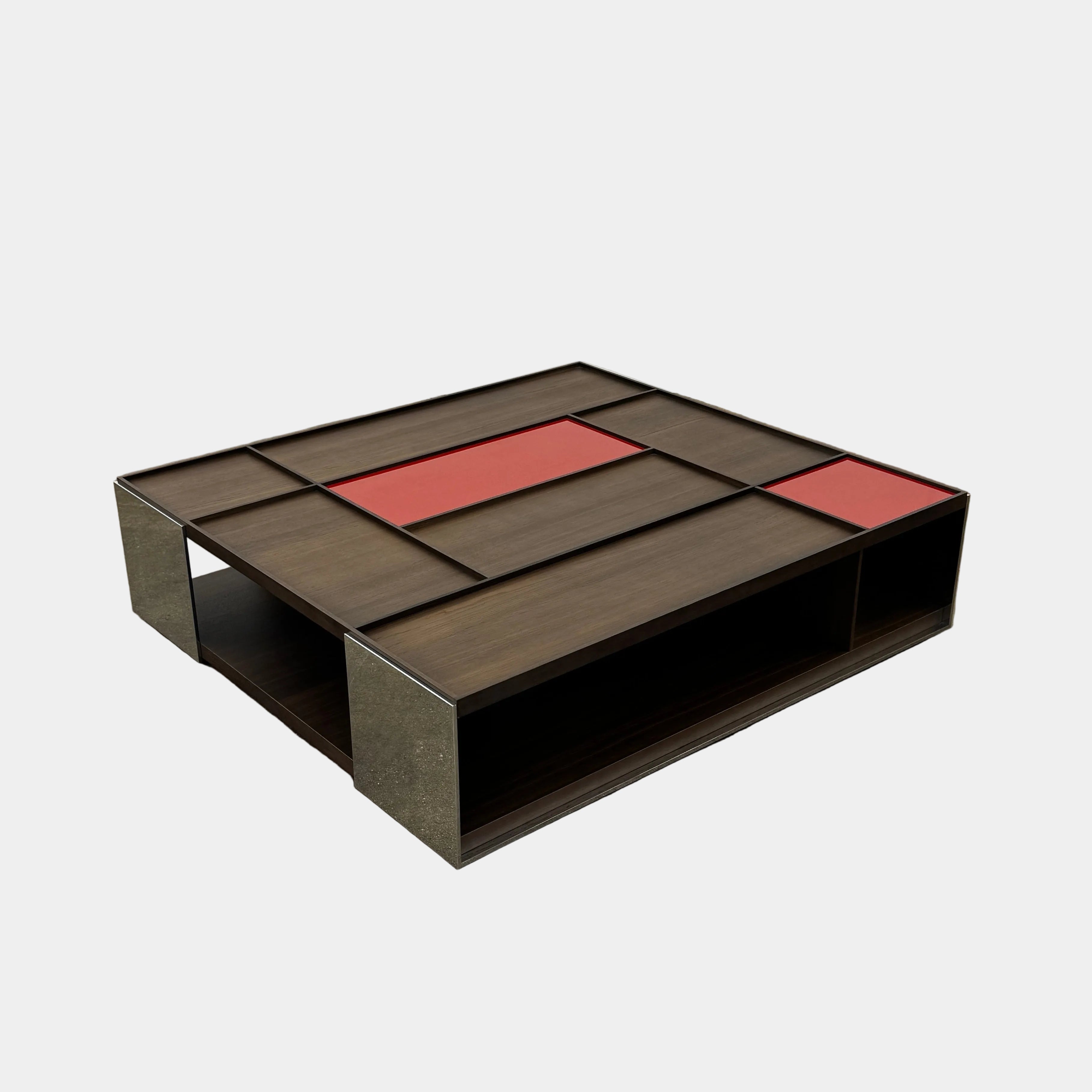 A modern square coffee table by B&B Italia, the Surface Coffee Table features wood, concrete-like panels, and two red rectangular accents—ideal for admirers of geometric designer furniture.