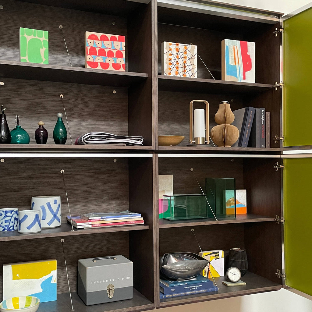 A B&B Italia Pab Wall Storage Unit in green lacquer in a room with black furniture.