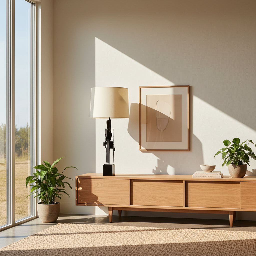 Laurel Lamp Company Pair of Brutalist Iron Table Lamps by Richard Barr for Vintage, featuring cream cylindrical shades and abstract black iron bases, displayed against a plain white background.