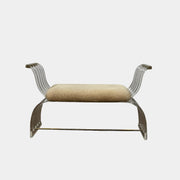 The Vintage Charles Hollis Jones Lucite Bench features a transparent acrylic frame, curved armrests, and a rectangular beige shearling cushion, shown against a plain white background.