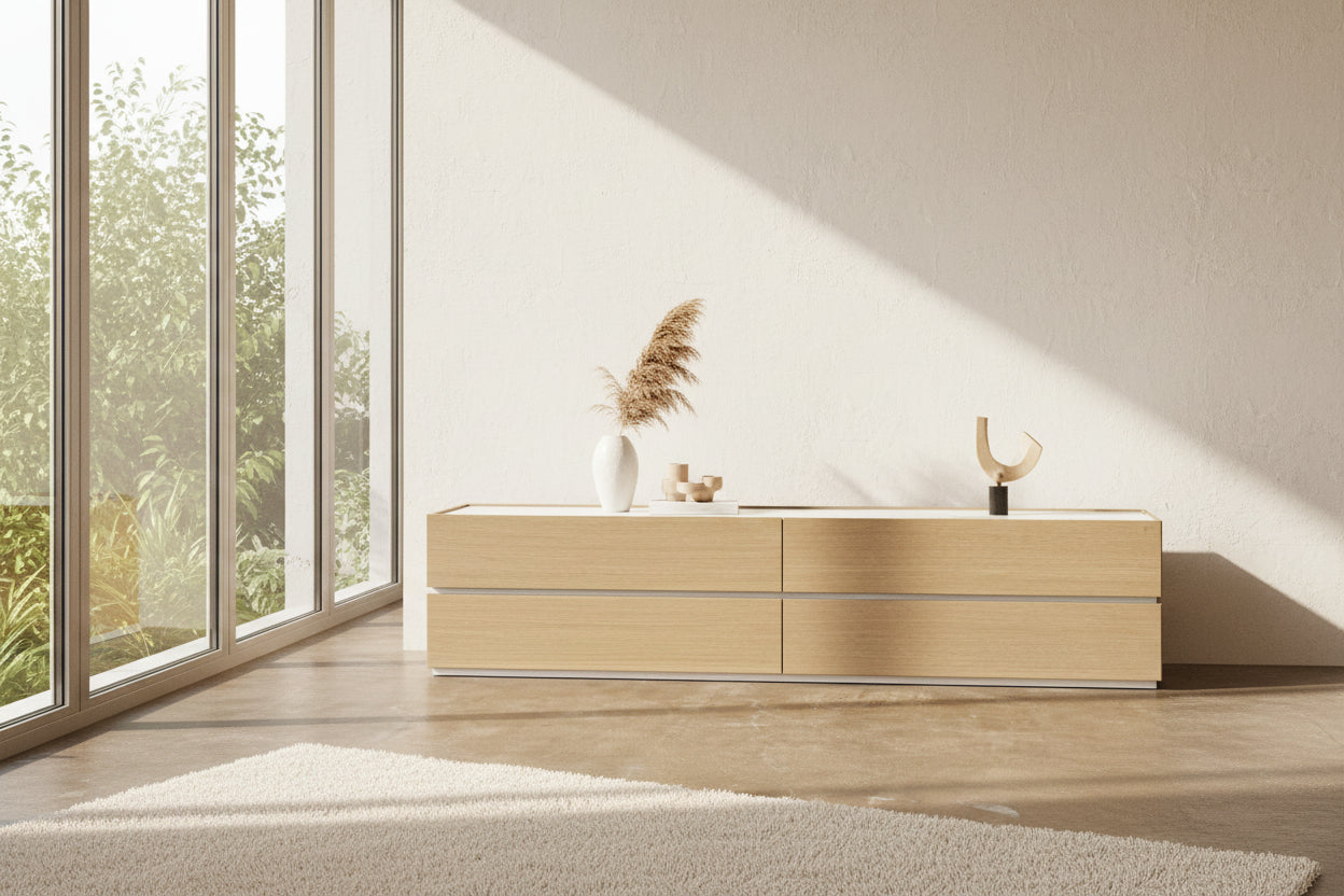 A rectangular wooden coffin with a simple, modern design and light wood finish, featuring clean lines inspired by the Sangiacomo Cidori Chest of Drawers by Sangiacomo, shown from the front against a white background.