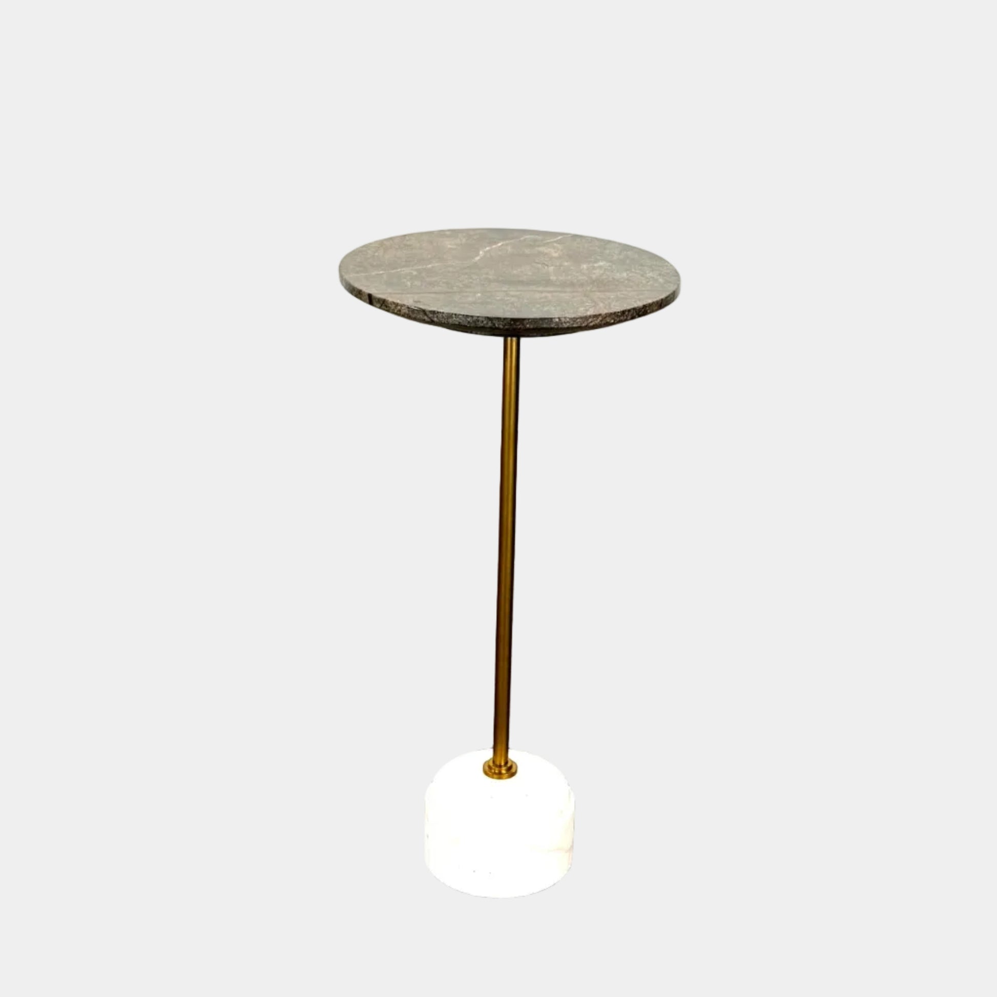 The Soho Home Fleet Side Table by Soho Home features a dark Verde Bosque marble top, slender antique brass stem, and a white cylindrical marble base, shown against a plain light background.