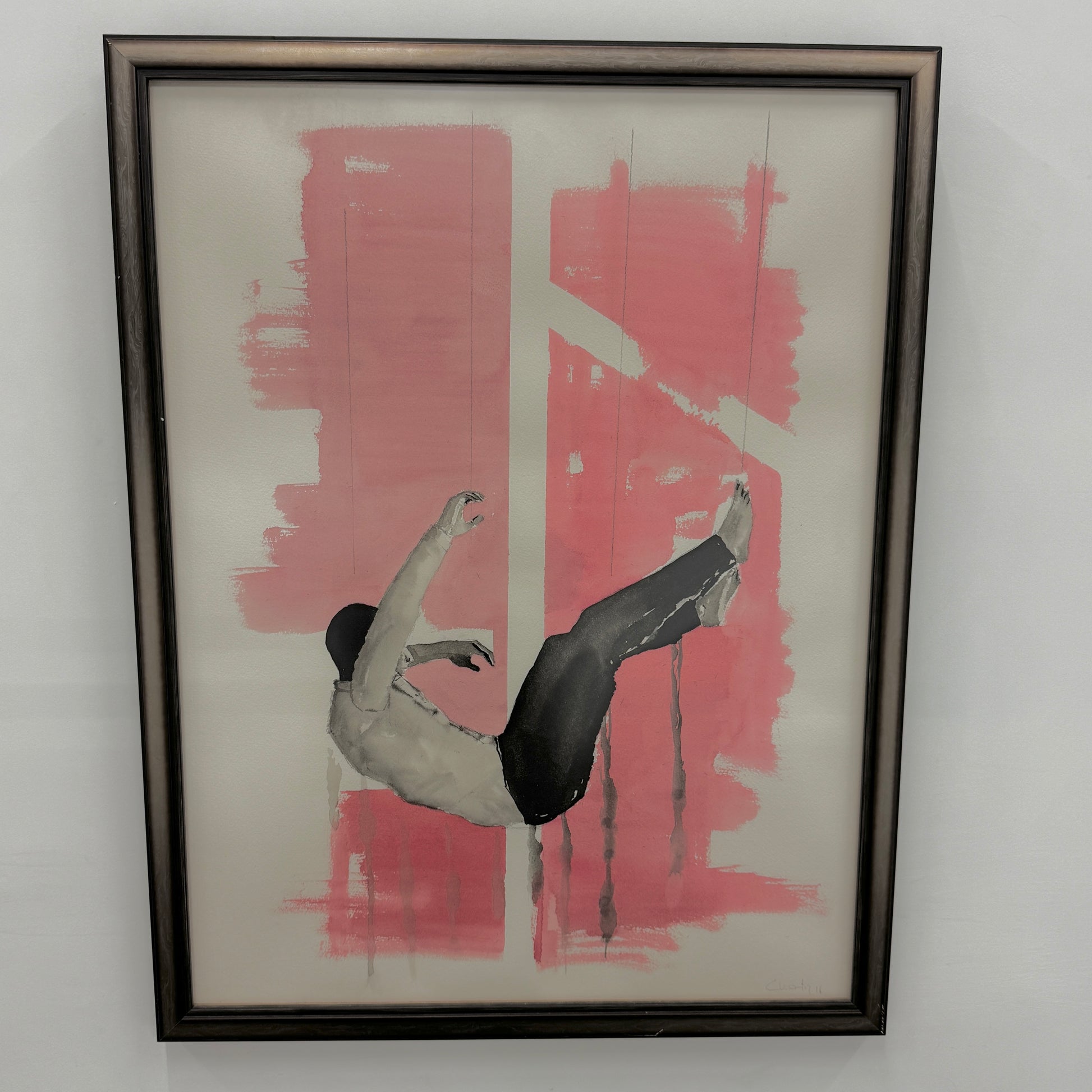 Framed Watercolor: Carlos Martin "Society 3" by Artist displays a person in a suit falling backward against a vivid red and white abstract background.