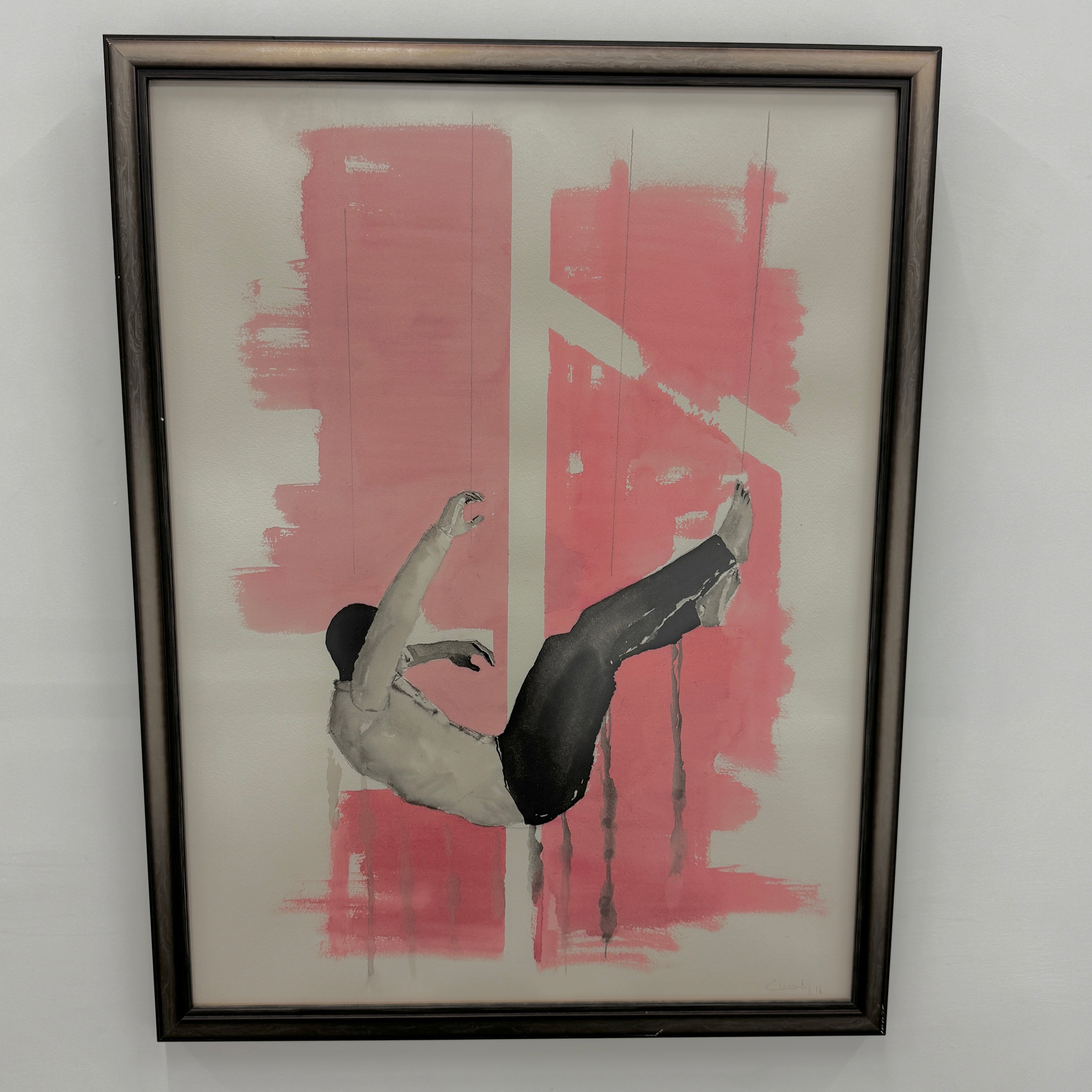 Framed Watercolor: Carlos Martin "Society 3" by Artist displays a person in a suit falling backward against a vivid red and white abstract background.