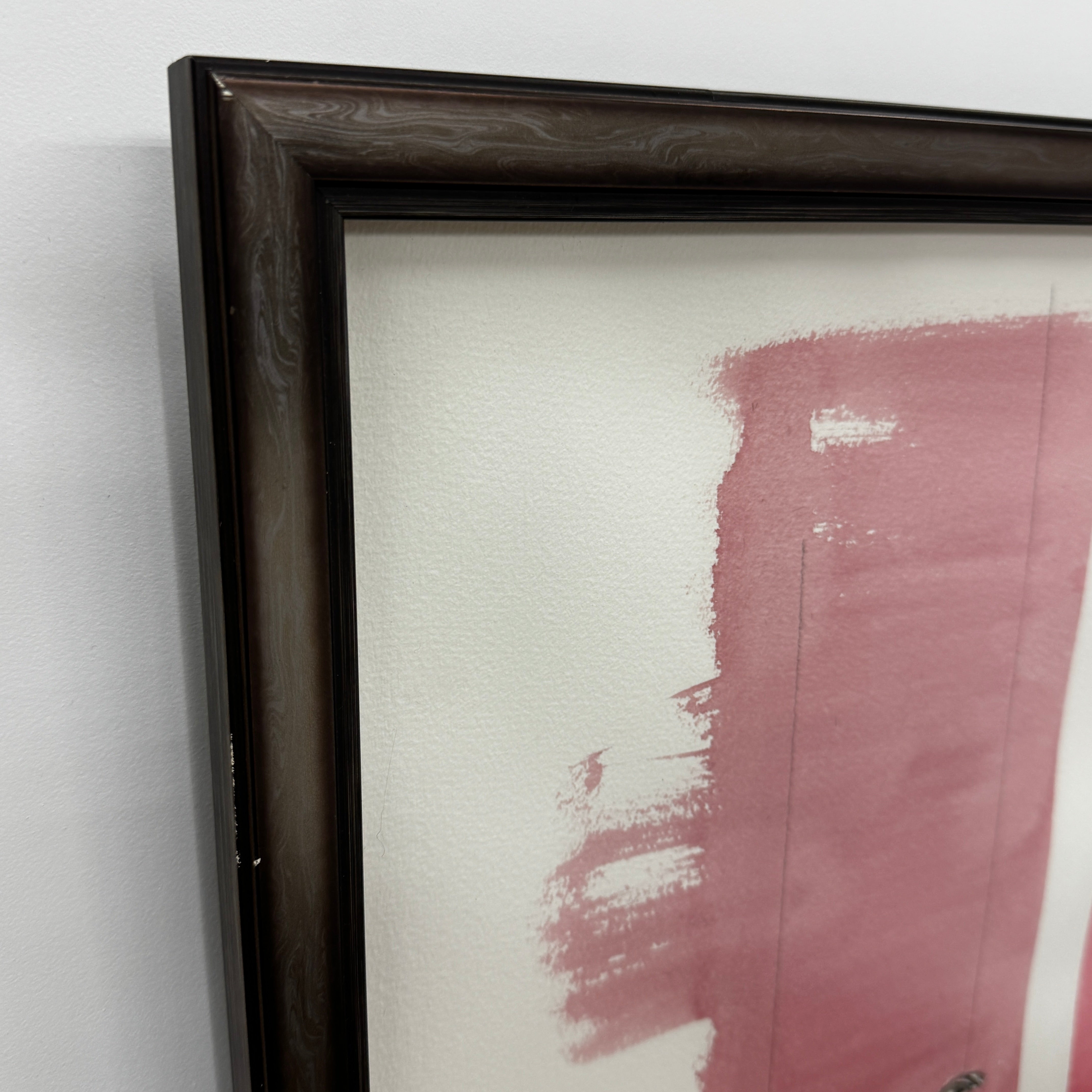 Framed Watercolor: Carlos Martin "Society 3" by Artist displays a person in a suit falling backward against a vivid red and white abstract background.