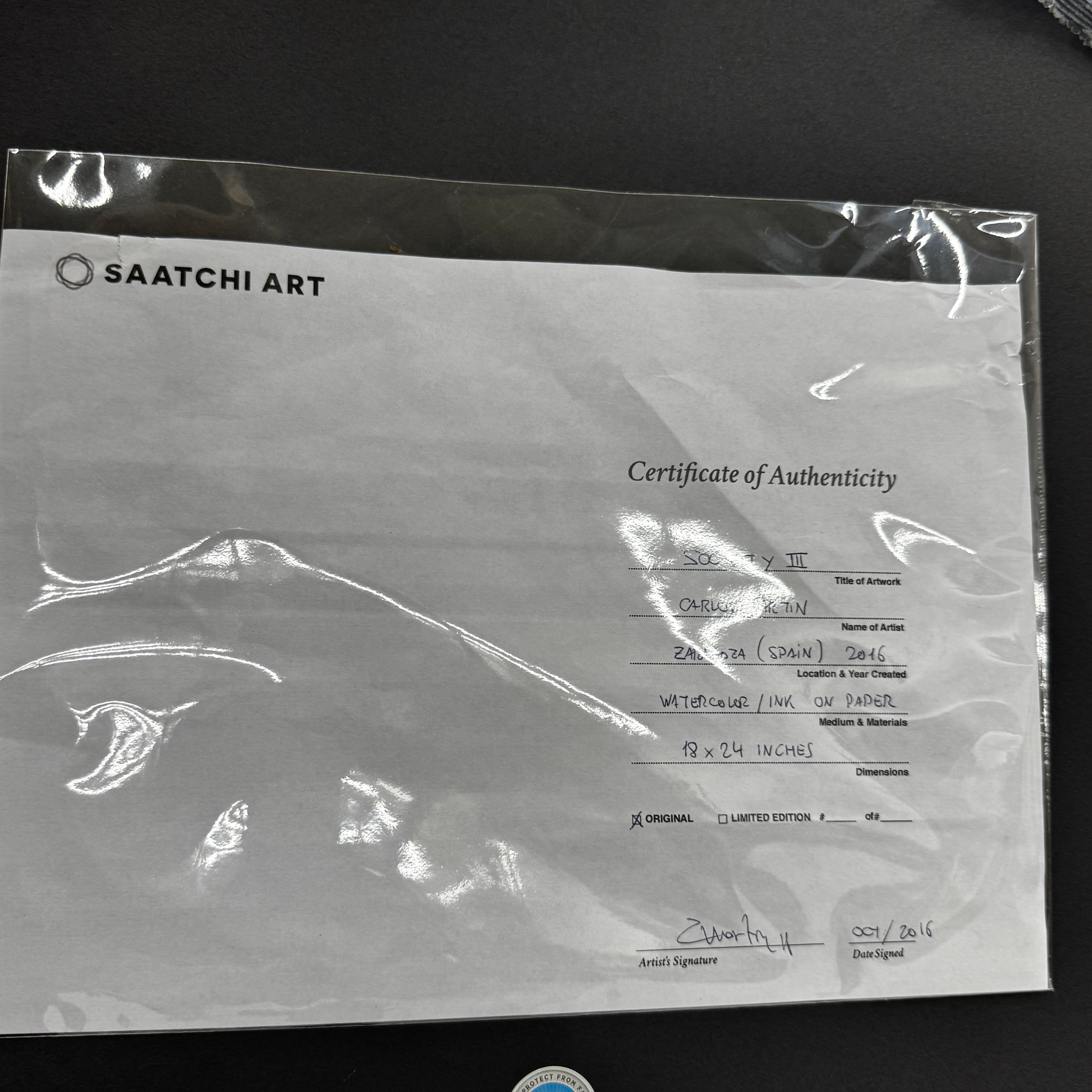 Framed Watercolor: Carlos Martin "Society 3" by Artist displays a person in a suit falling backward against a vivid red and white abstract background.