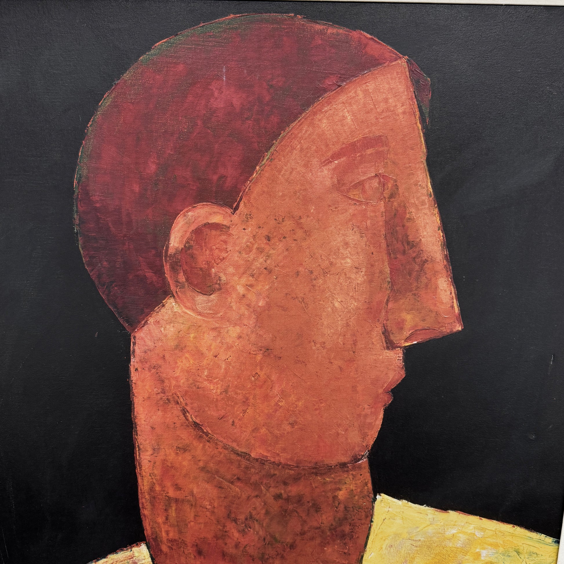 Limited Edition Print: Luis by Jessica Rice – a signed, framed artwork of a stylized human figure with an elongated face and yellow shirt against a dark background from Artist.