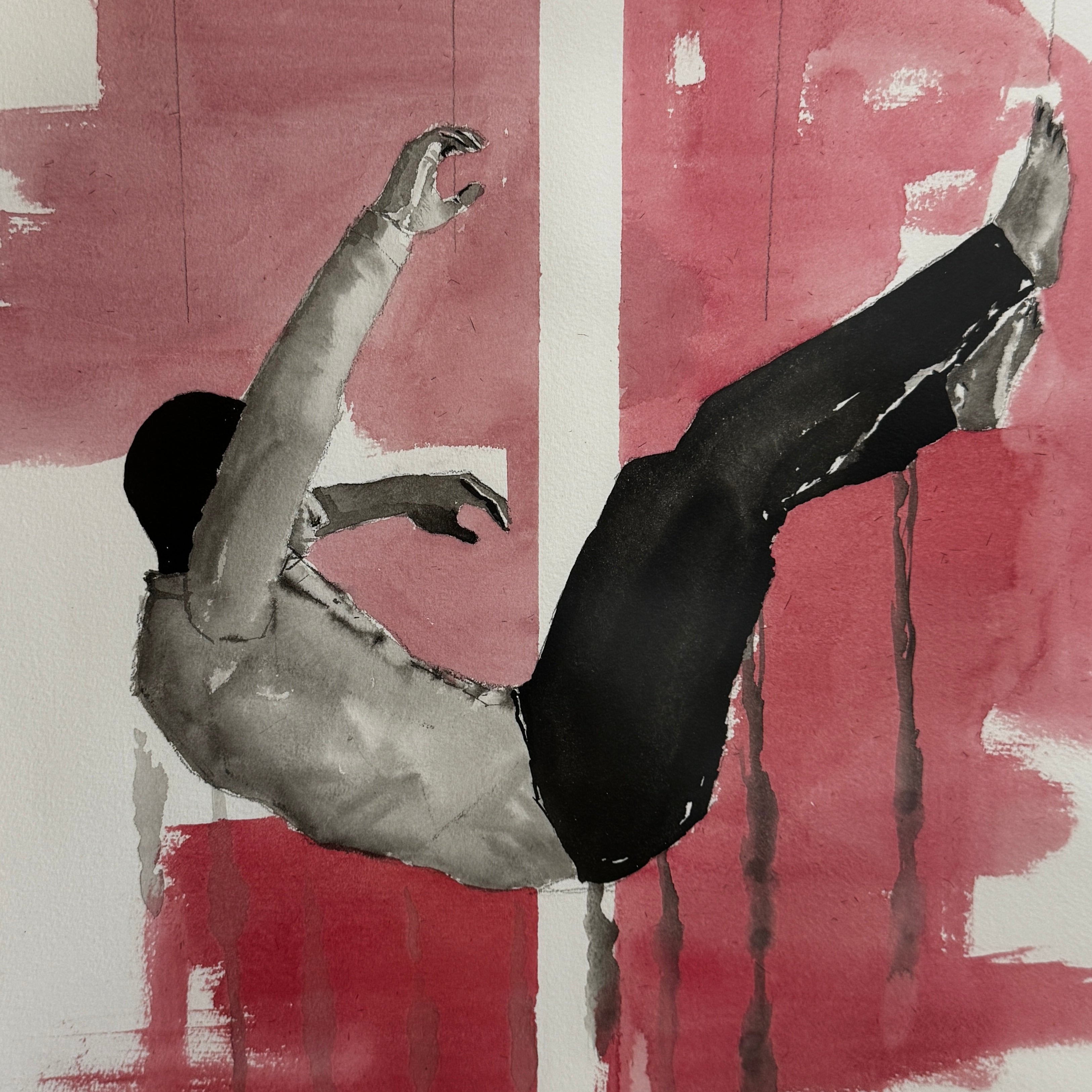Framed Watercolor: Carlos Martin "Society 3" by Artist displays a person in a suit falling backward against a vivid red and white abstract background.