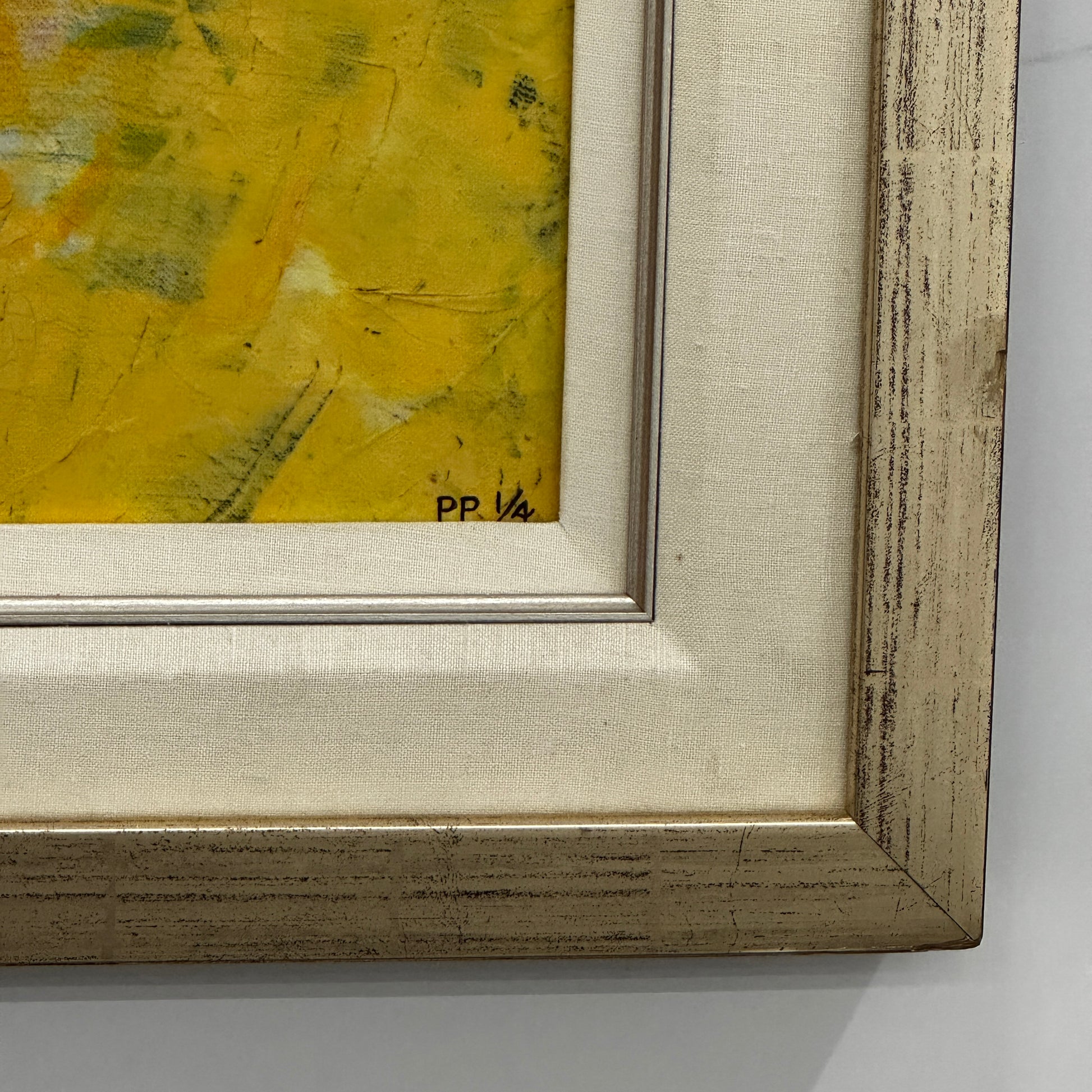 Limited Edition Print: Luis by Jessica Rice – a signed, framed artwork of a stylized human figure with an elongated face and yellow shirt against a dark background from Artist.