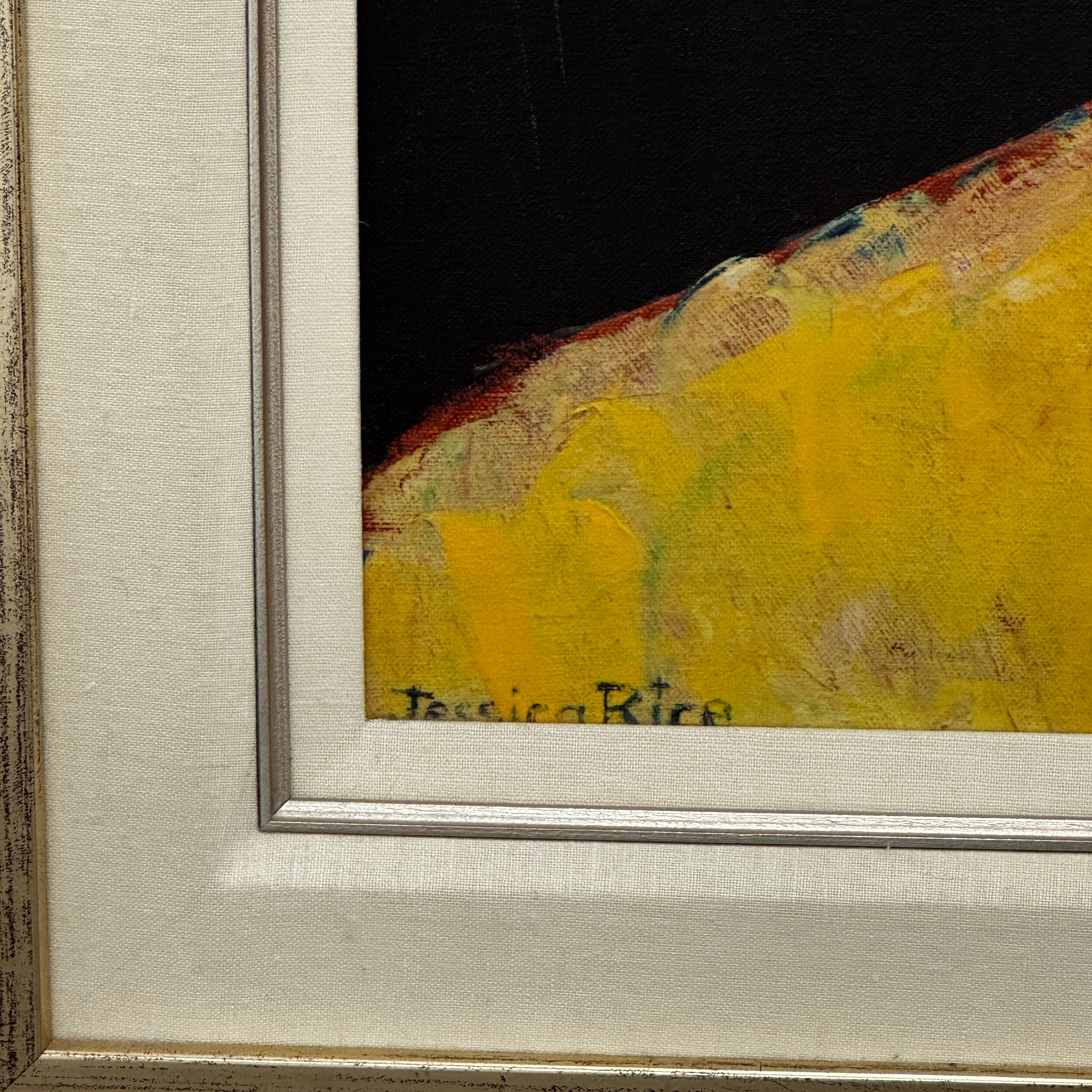 Limited Edition Print: Luis by Jessica Rice – a signed, framed artwork of a stylized human figure with an elongated face and yellow shirt against a dark background from Artist.