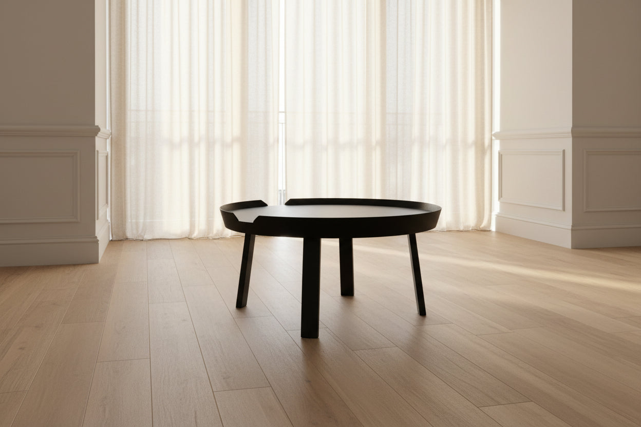 The Muuto Around Coffee Table by Muuto is a round, black wooden table with three legs and Scandinavian design, displayed against a plain light background.