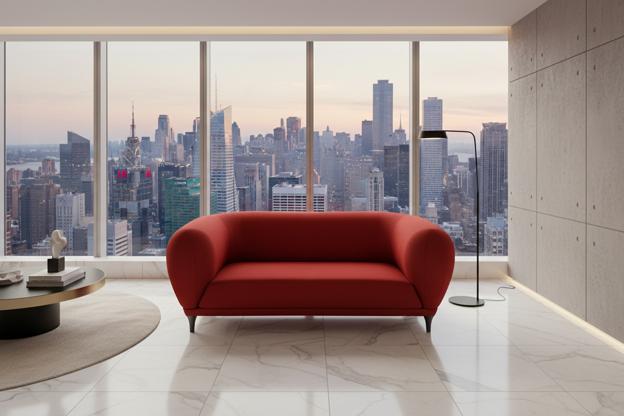 The Roche Bobois Montgolfiere Love seat is a modern, red 2-seat sofa with curved arms and dark wooden legs by Roche Bobois, shown against a plain background.