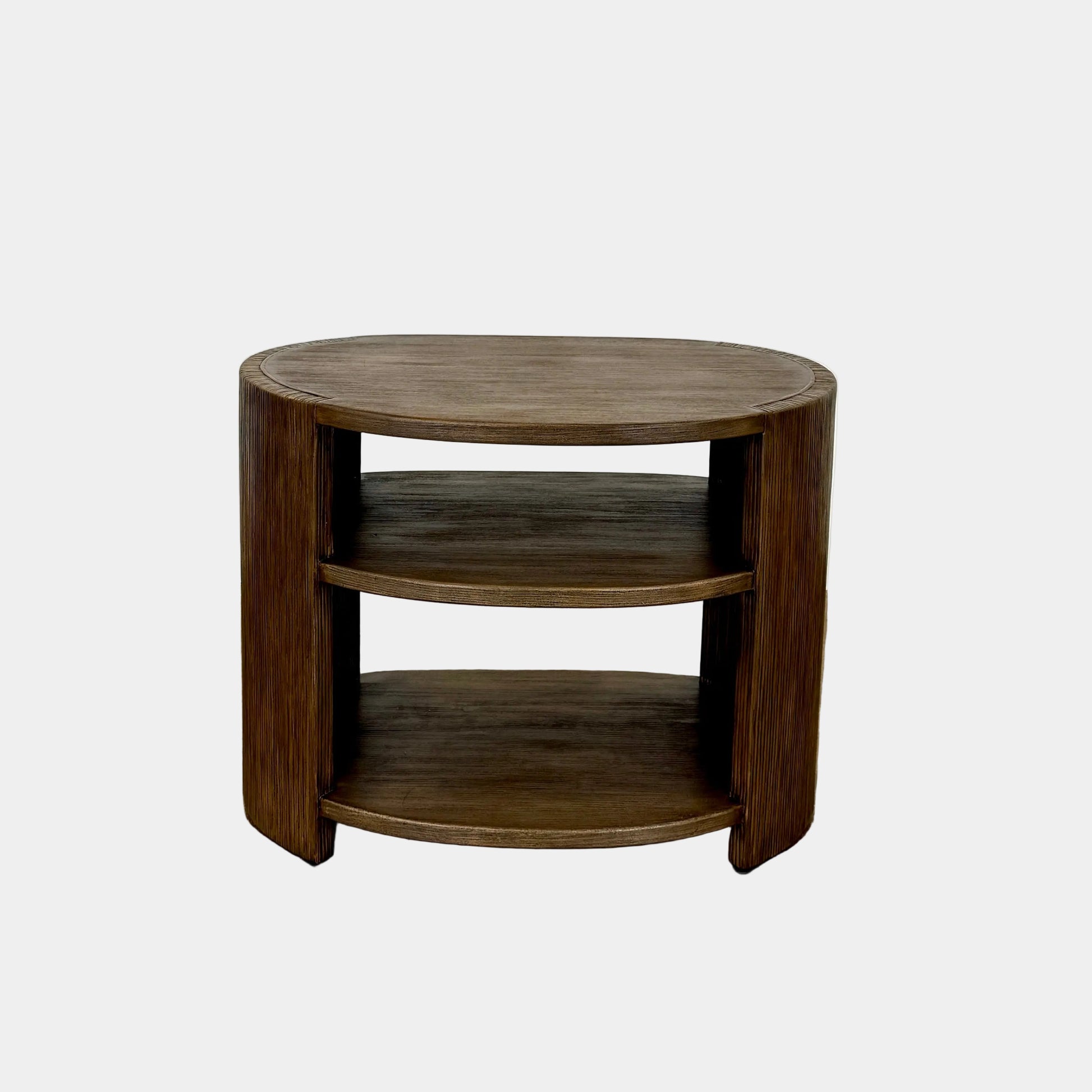 The Palachek Leonardo Side Table, Large, by Palachek features artisan craftsmanship, a dark brown finish, two shelves, and an open minimalist design that suits any contemporary decor against a plain white background.