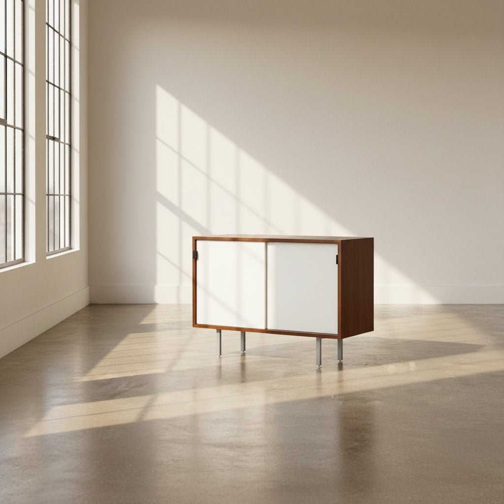 The Knoll Vintage Florence Knoll Office Storage features a dark wood frame, white sliding doors, and metal legs—perfect as a stylish credenza or office storage against a plain white wall.