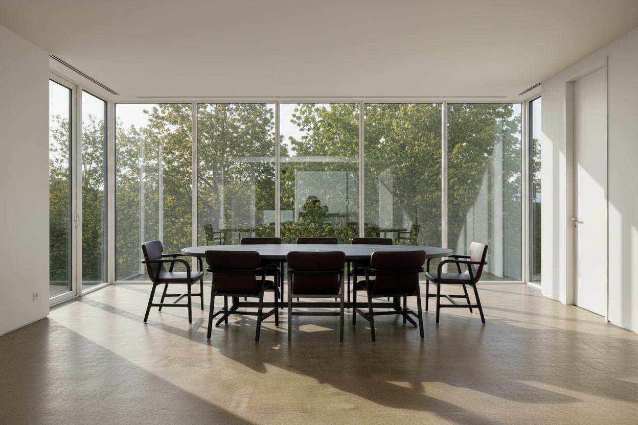 A spacious Maxalto Astrum Dining Table by Maxalto with black oak finish and bronze nickel base is paired with eight evenly arranged dark brown chairs in a minimalist setting.
