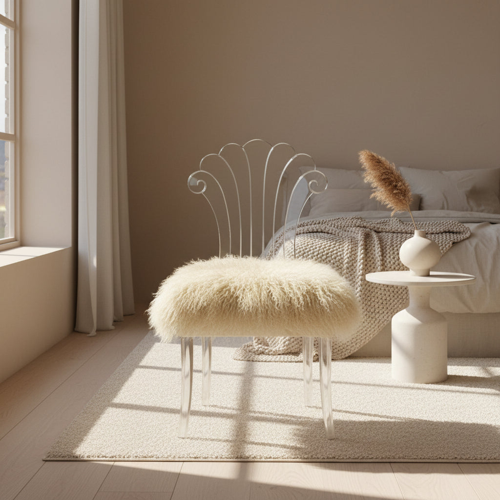 Two white Vintage Elsie de Wolfe Lucite Chairs with elegant fan-shaped backs and plush beige sheepskin seats are displayed against a plain white background.