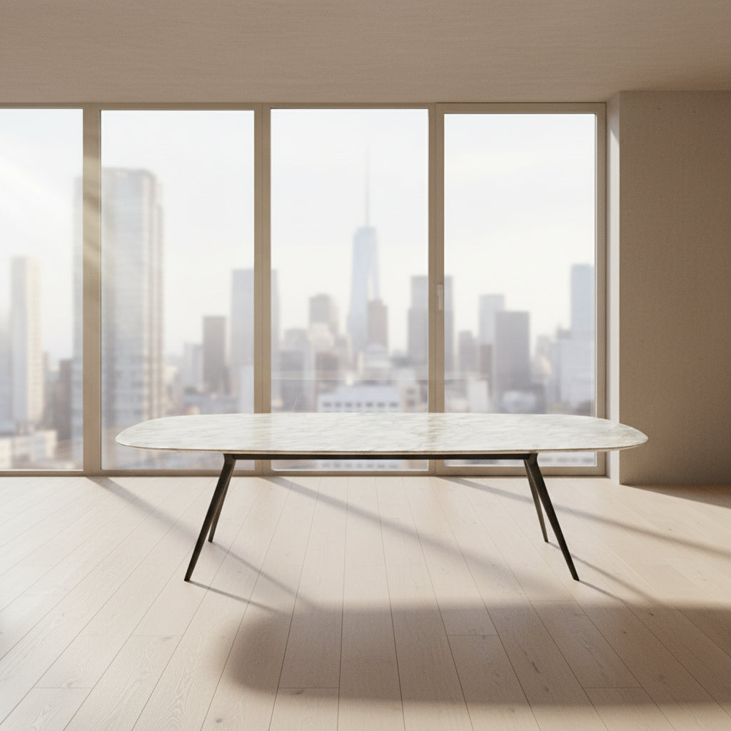 The Flexform Zefiro Dining Table by Flexform features a rectangular Calacatta Gold marble top with rounded edges and four black angled legs, shown on a plain white background.