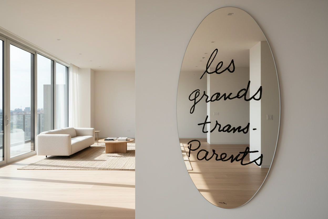 The Cassina Man Ray Les Grands Trans Parent Mirror by Cassina features an oval white frame with the handwritten French phrase "les grands trans Parents" in black cursive.