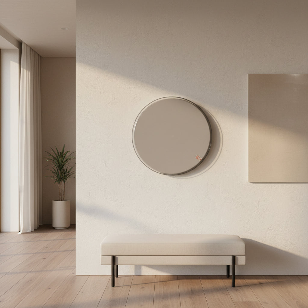 A round, frameless mirror is mounted on a light gray wall, complemented by the Flos Clara Flush-mounted Wall Ceiling LED Light, enhancing the clean and minimalist aesthetic.
