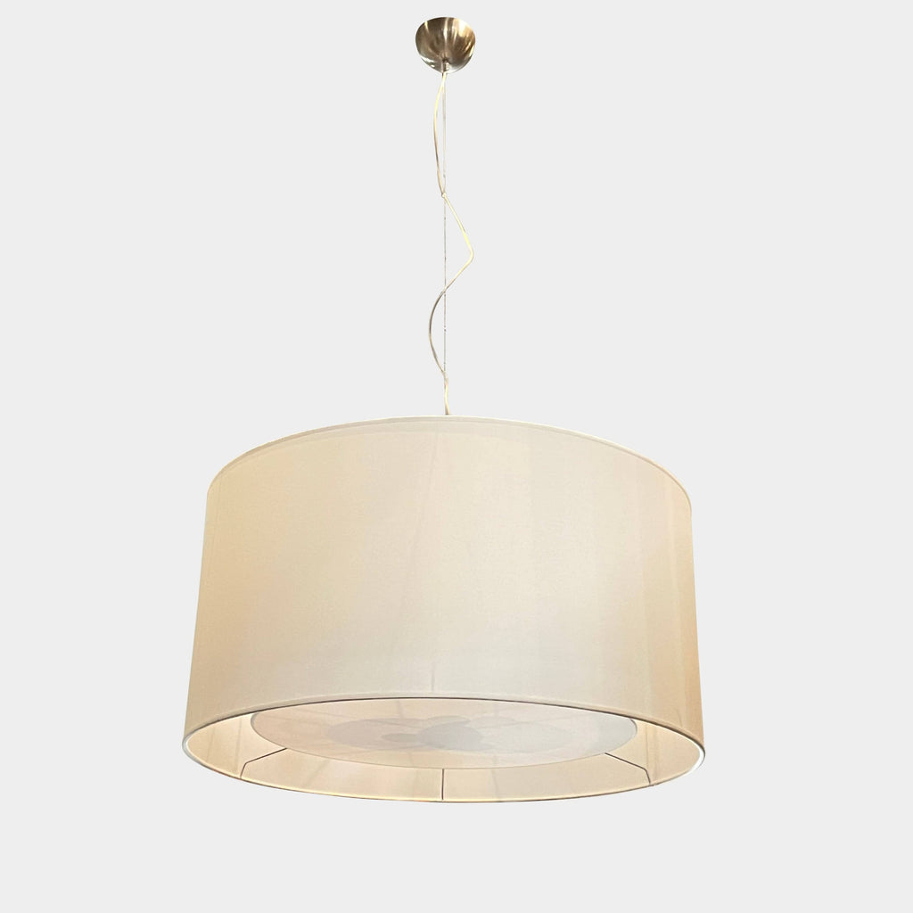 A contemporary Penta Suspension Light featuring a sleek, wood shade and a reflective inner surface, suspended from a thin cable.