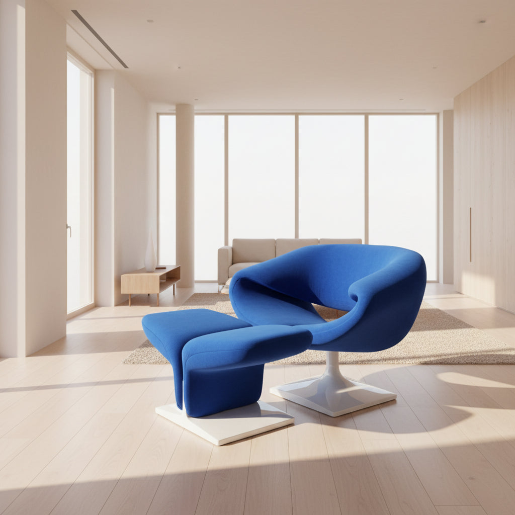 The Artifort Ribbon Lounge Chair & Ottoman by Artifort features a modern blue design with a sculptural curved backrest and split seat on a white base, seen here against a plain white background.