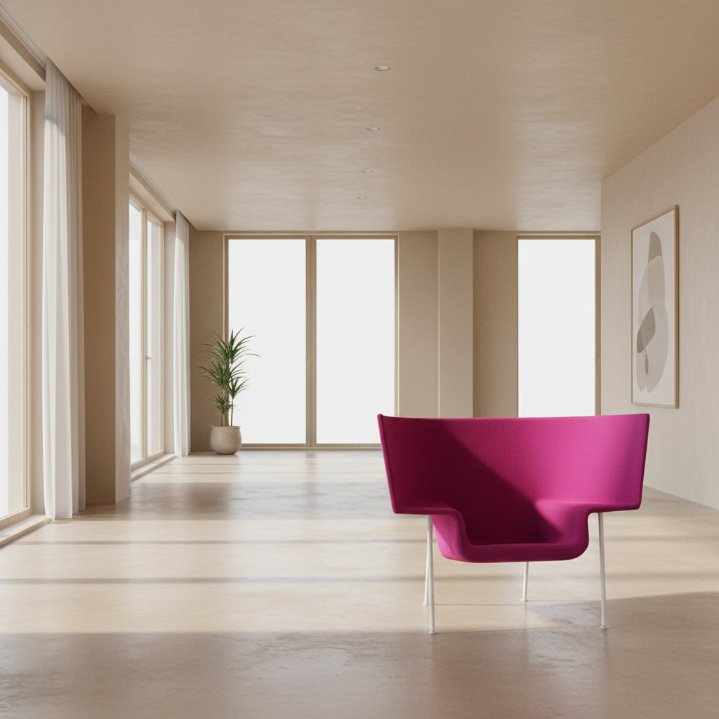 The Cappellini Capo Chair by Cappellini features a modern design with bright magenta upholstery, an angular backrest, and white metal legs, set against a plain white background.