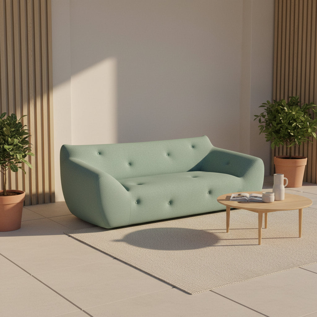 The Roche Bobois Informel Outdoor Large 3-seat Sofa Low Back features a light teal modern design with rounded edges, button-tufted details, and advanced outdoor fabric technology, inspired by Roche Bobois’s signature style.