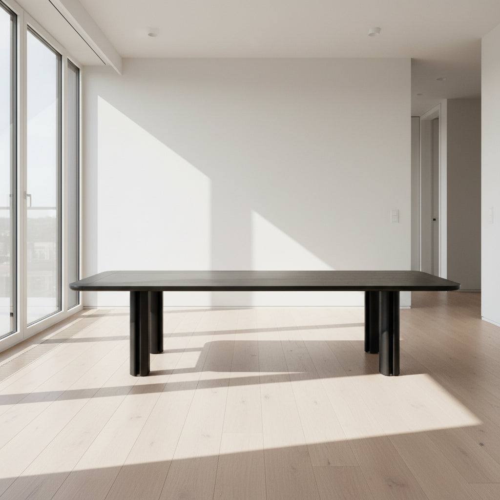 A rectangular black Porada Quadrifolgio Dining Table with rounded corners and four cylindrical legs stands on a brown floor against a plain white wall.